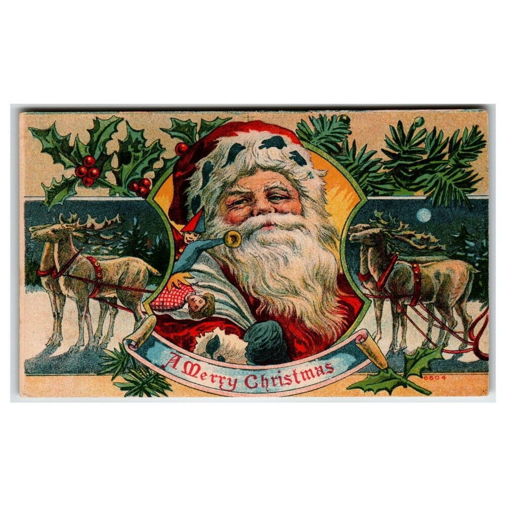 Vintage Christmas Postcard Santa Claus Reindeer Holly Toys Holly Divided Back